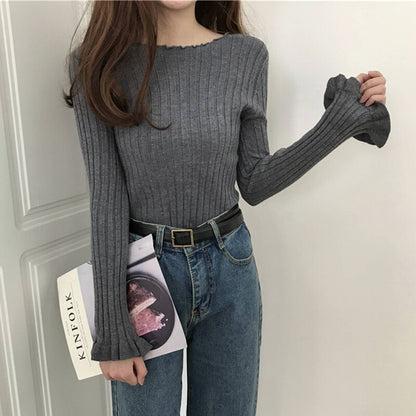 Ruffles Pullovers Solid Flare Sleeve Women Sweaters Slim