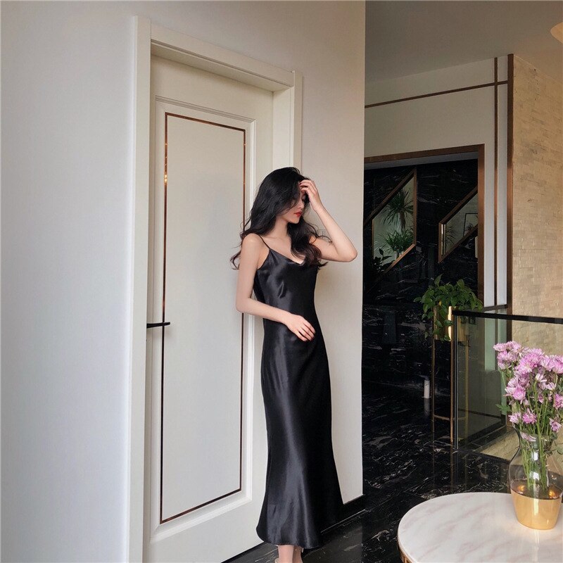 Women Satin Sleeveless Nightgowns Dress Ladies Summer V-Neck Fishtail Design Long Dress Suspender Sexy Solid Color Party Dresses