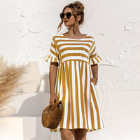 Cute Loose Striped Print Elegant A Line Patchwork Ruffles Sleeves Dresses