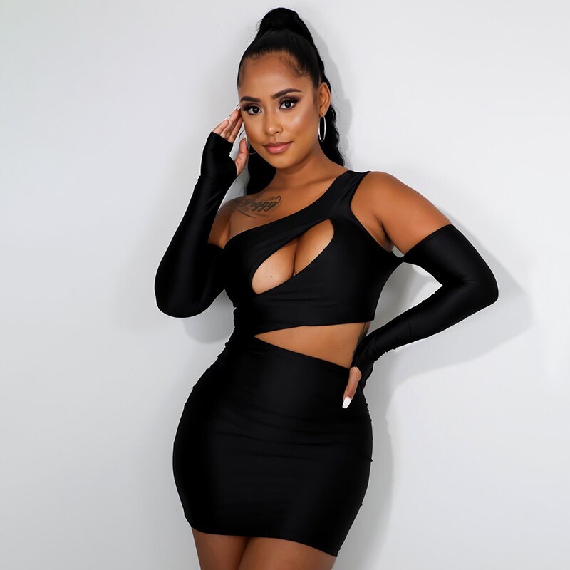 Hollow Out Long Sleeve Gloves Off Shoulder Mini Dress