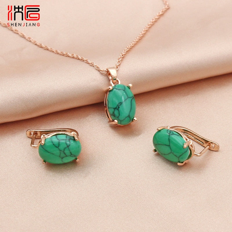 SHENJIANG New Fine Oval Egg Shape Synthetic Turquoises 585 Rose Gold Dangle Earrings Jewelry Set For Women Wedding Jewelry