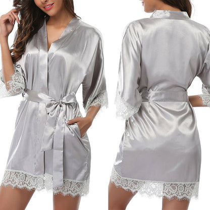 Satin Lace Sexy Sleepwear Lingerie Night Mini Solid Dress V Neck Nightgown Gown