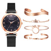 5pcs Set Women Luxury Magnet Buckle Flower Rhinestone Watch Ladies Quartz Wrist Watch Bracelet Set