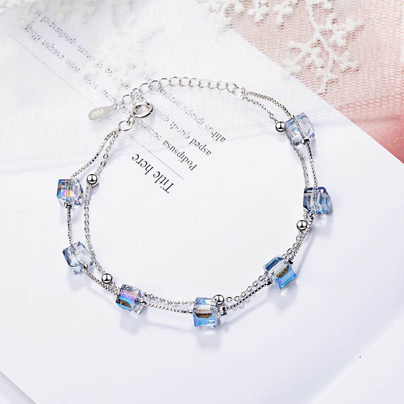 Square Blue Crystal 925 Sterling Silver Lady Bracelet