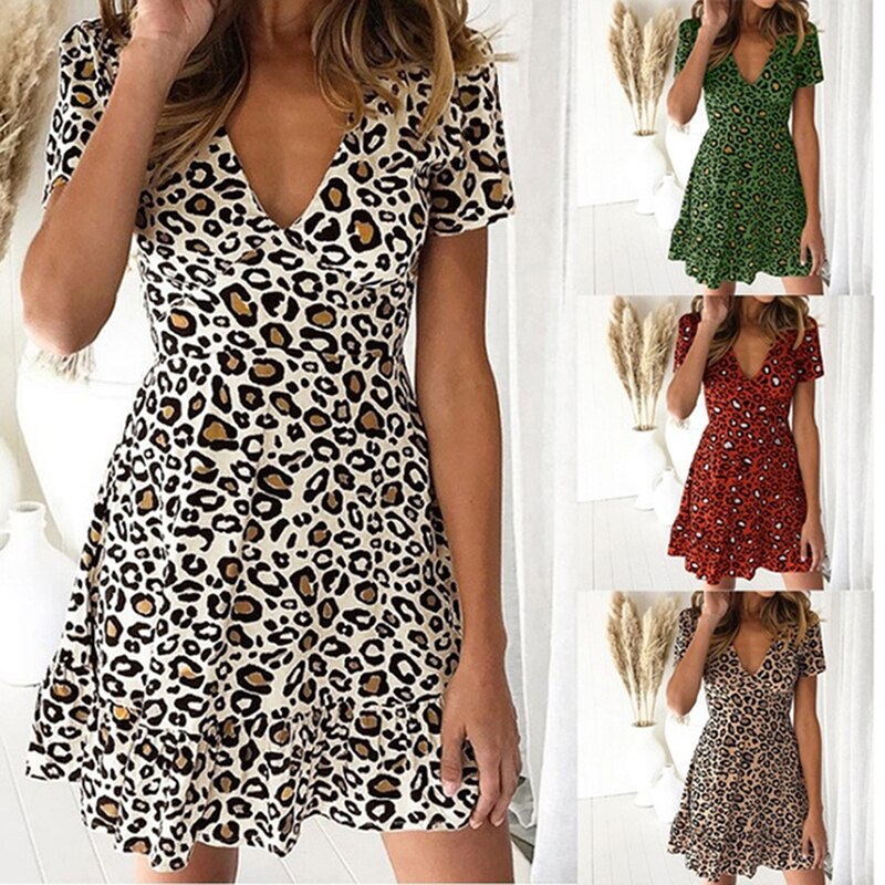 Women Mini Leopard Dress Summer Print Ruffles Short Sleeve V Neck Evening Party Sweet Beach Dress 2021 Summer Style
