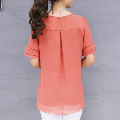 O-neck Short Sleeve Chiffon Blouse Top Female