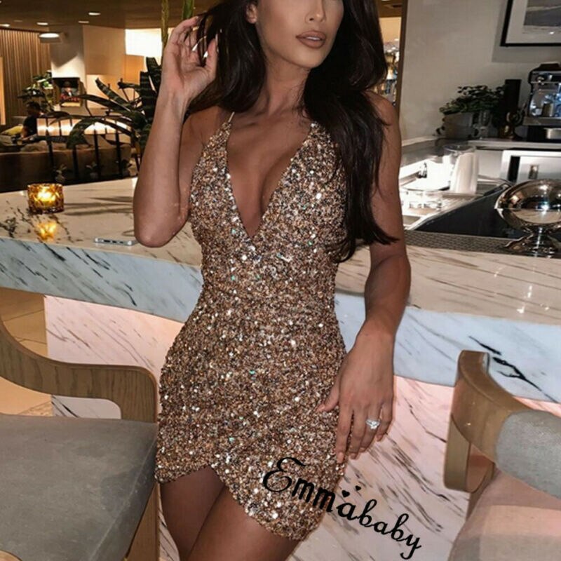 Women's Spaghetti Strap Deep V Neck Sequins Glitter Short Dress