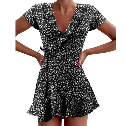 Women’s Short Sleeve Dress Wrap Summer Elegant Floral Ruffles V-neck Bandage Short Dress 2021 Ladies Casual Hoilday Sundress