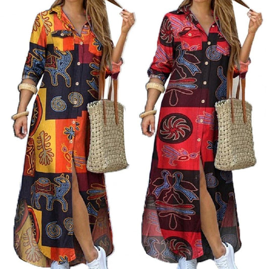 Fashion Women Long Sleeve Shirt Dress Single-breasted Printed Loose Maxi Shirt Dress for Party Long Dress Vestidos Summer Autumn