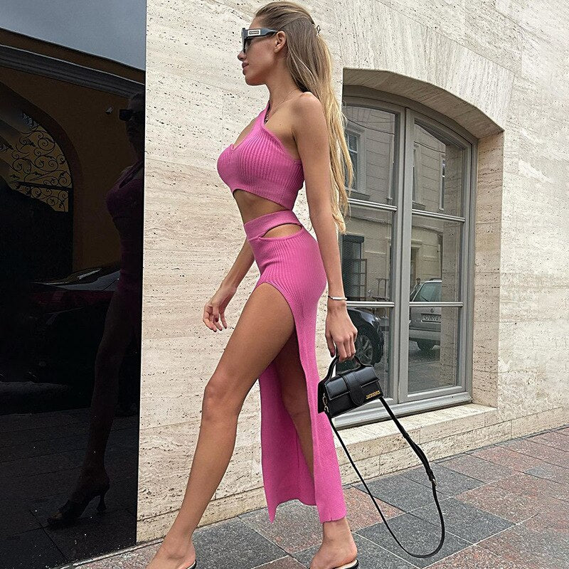 wsevypo Chic Women Skirts Suits Solid Color Two-piece Sets One-shoulder Bra Crop Tops and High Waist Cut Out Slit Skirt Clubwear