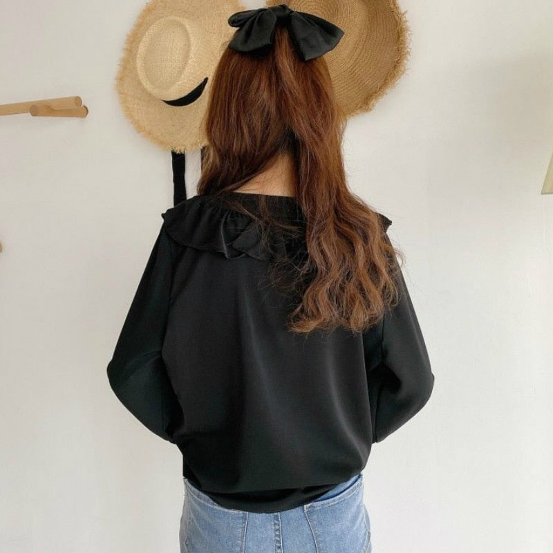 Shirts Womens Retro V-Neck Elegant Bow Knot Flare Sleeve Kawaii Solid Blouses 2020 New Autumn Korean Style Loose Leisure Daily