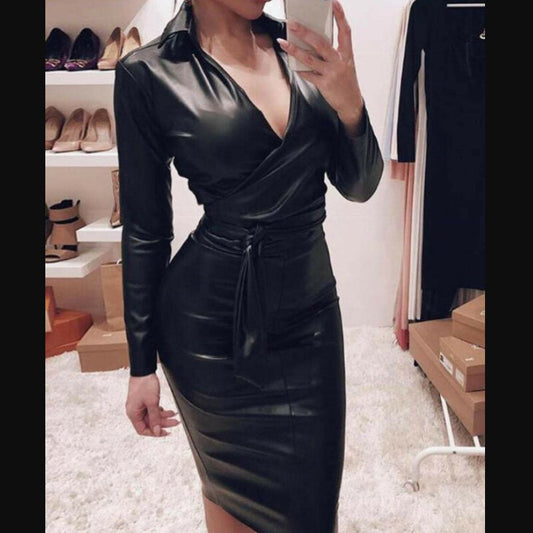 Leather Long Sleeve Slim Bandage Fashion Sexy Bodycon Shirt Dresses