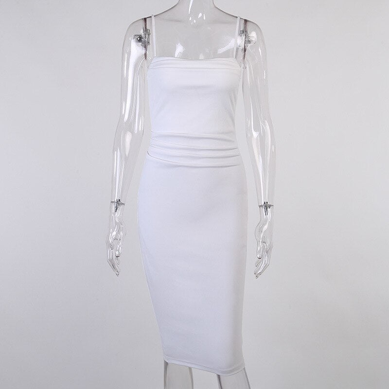 White Strap Midi Dress Ruched Bodycon