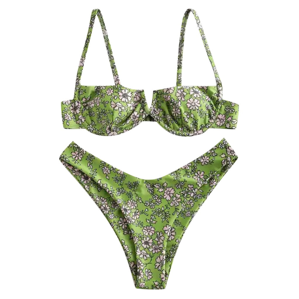 Purple Floral Print Underwire Swimsuit Brazilian Summer Bathers Bathing Suit