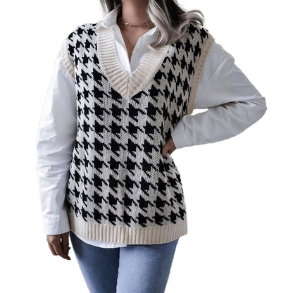 Houndstooth Print Knitted Top Women V Neck Sweater Vest