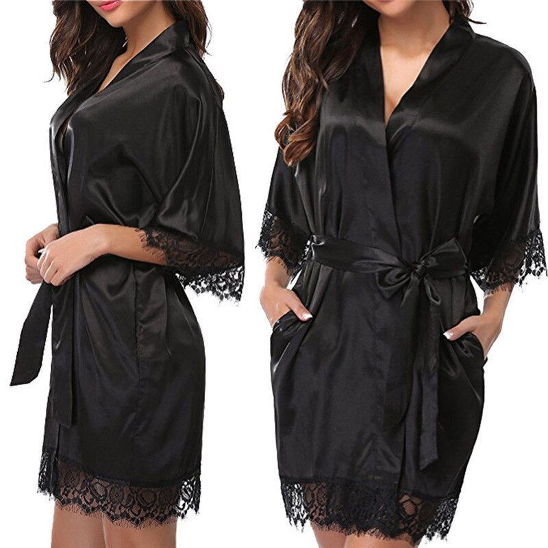 Sexy Lingerie Transparan Summer Sexy Women's Ladies Bride Robes Kimono Robe Satin Silk Lace Night Wear Gown Sleepwear