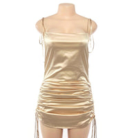 Satin Drawstring Ruched Dress For Women Solid Sleeveless Sexy Sling Dresses