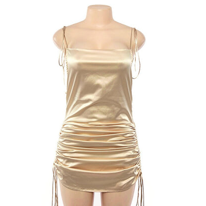 Satin Drawstring Ruched Dress For Women Solid Sleeveless Sexy Sling Dresses