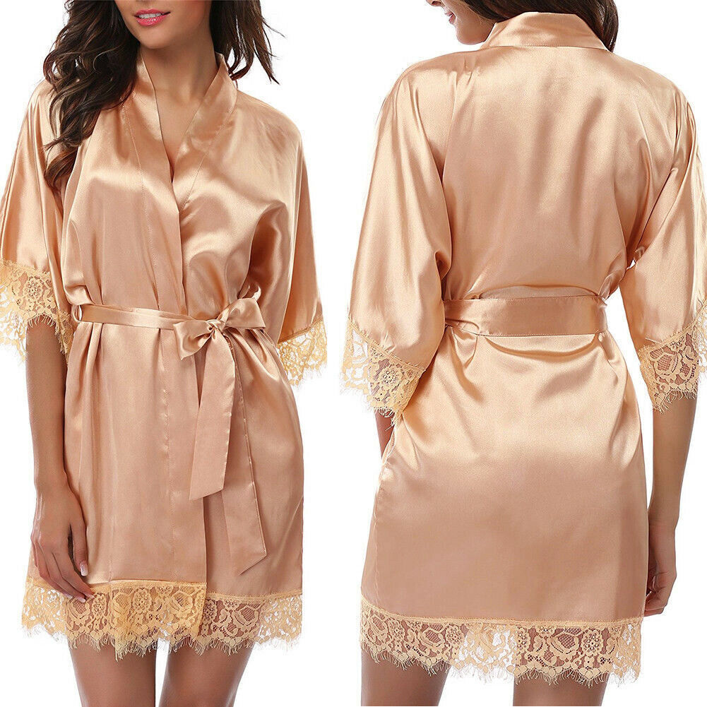 Satin Lace Sexy Sleepwear Lingerie Night Mini Solid Dress V Neck Nightgown Gown