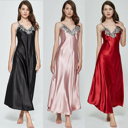 Hot Sale High Quality Women Satin Silk Lace V-neck Spaghetti Strap Night Dress Nightdress Sleepwear Ladies Long Nightgown