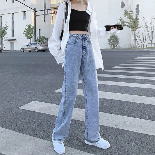 High Waisted Jeans Women&#39;s Summer Straight Loose Loose and Thin Spring 2021 New Drape Mopping Wide Leg Pants Adjustable Ins Hot