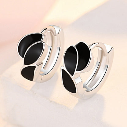 925 Sterling Silver Black Zircon Leaf Hoop Earring