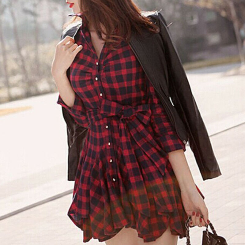 Fashion Womens Lady Long Sleeve Ruffles Office Ladies Casual Flannel Plaid Check Button Down Top Layer Shirt Dress