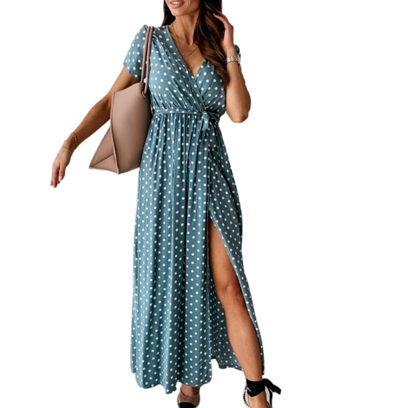 2020 New Casual Women Long Maxi Dress High Waist Female Loose Summer Split Holiday Dress Dot Print V Neck New Chic Beach Dresses