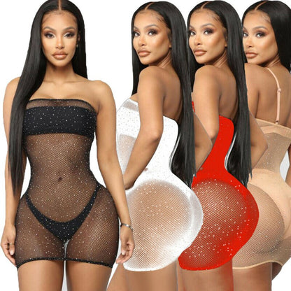 Shiny Bronzing Bandeau Fishnet Mesh Sheer Bikini Cover Up See Through Swimsuit