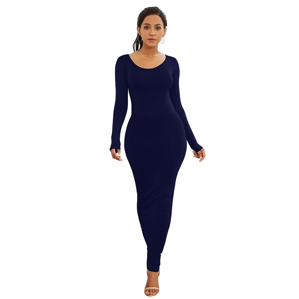 HOT SALES!!! Spring Autumn Sexy Women Solid Color Long Sleeve Round Neck Bodycon Maxi Dress evening party dress sexy comfortable