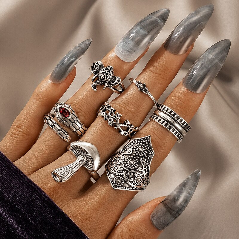 Boho Finger Jewelry Crown Geometric Rhinestone Leaf Women Ring Sets Hollow Stacking Finger Rings Vintage Silver Color