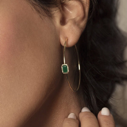 Gold color green baguette cz hoop earring