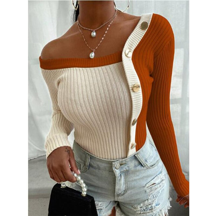 Fashion Button Off Shoulder Knitted Sweater Women