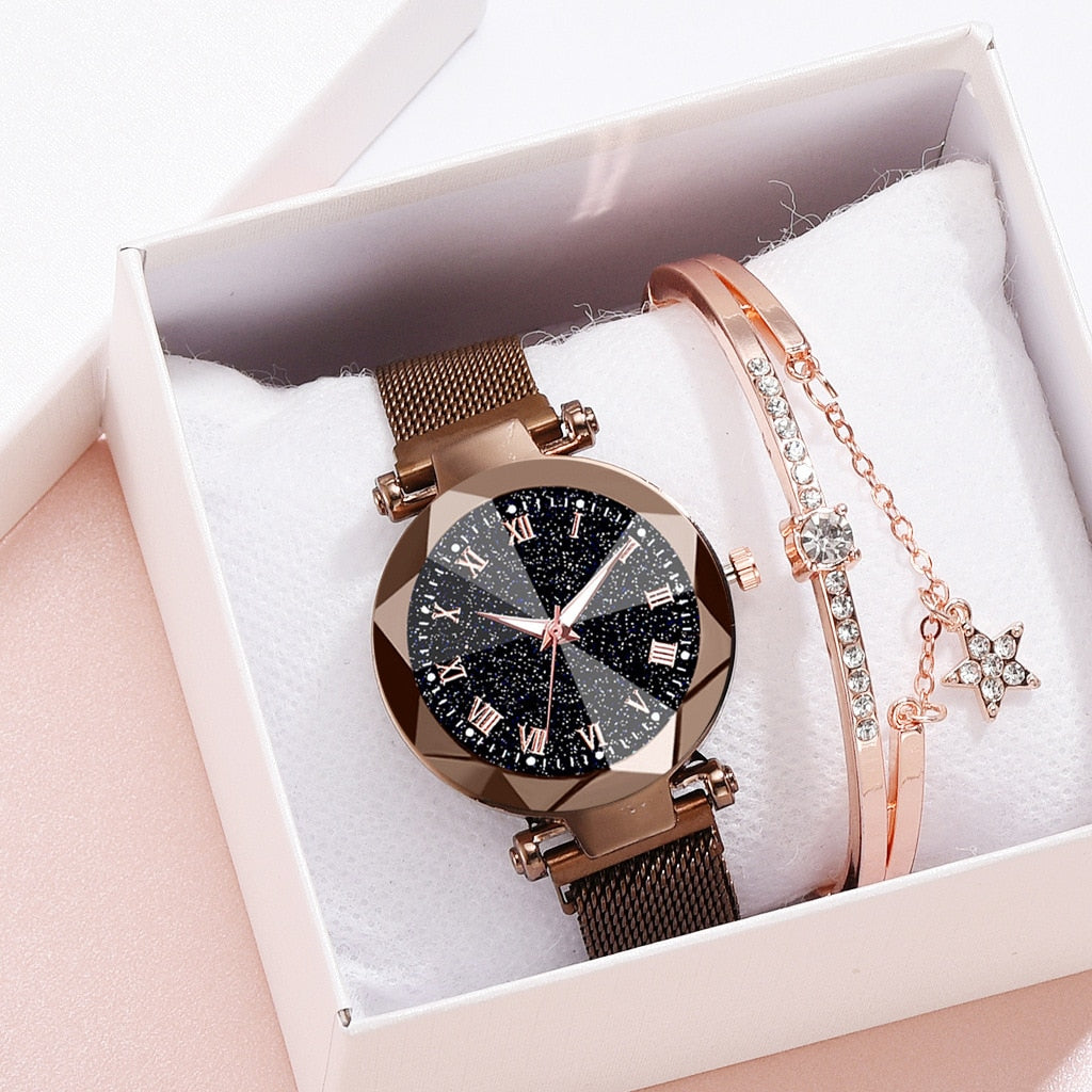 Rose Gold Starry Sky Fashion Women's Quartz Wristwatch Bracelet box Set