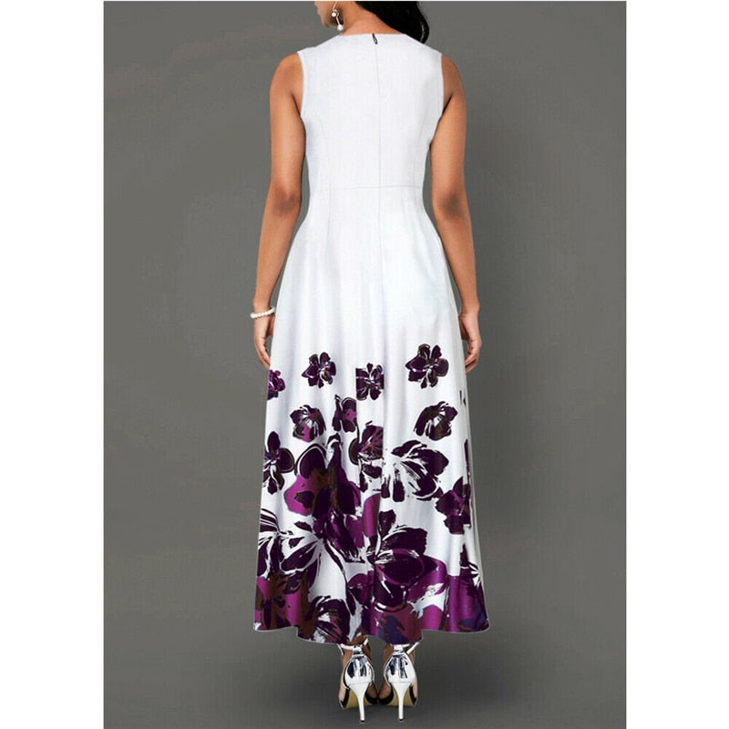 White Sleeveless O Neck Floral Print Women Sexy Bodycon Maxi Dress