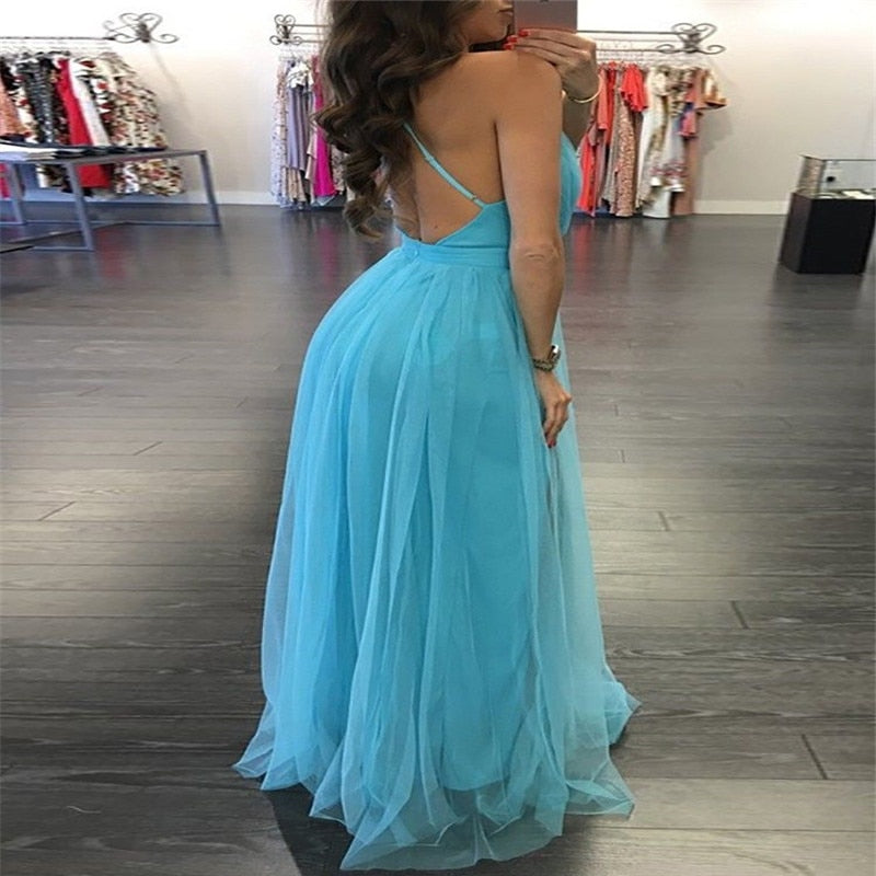 V-neck Tulle Tutu Long Maxi Dress Sleeveless Backless Evening Party Beach Sundress White Blue