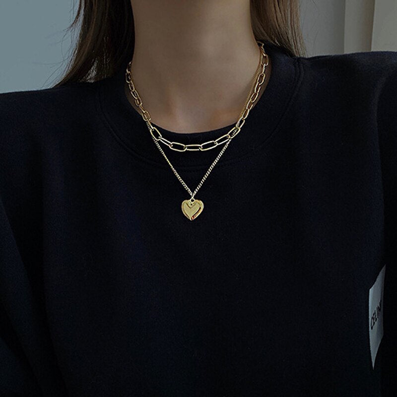 Gold color necklace hip-hop sweater chain love pendant sweater chain long multi-layer necklaces for women