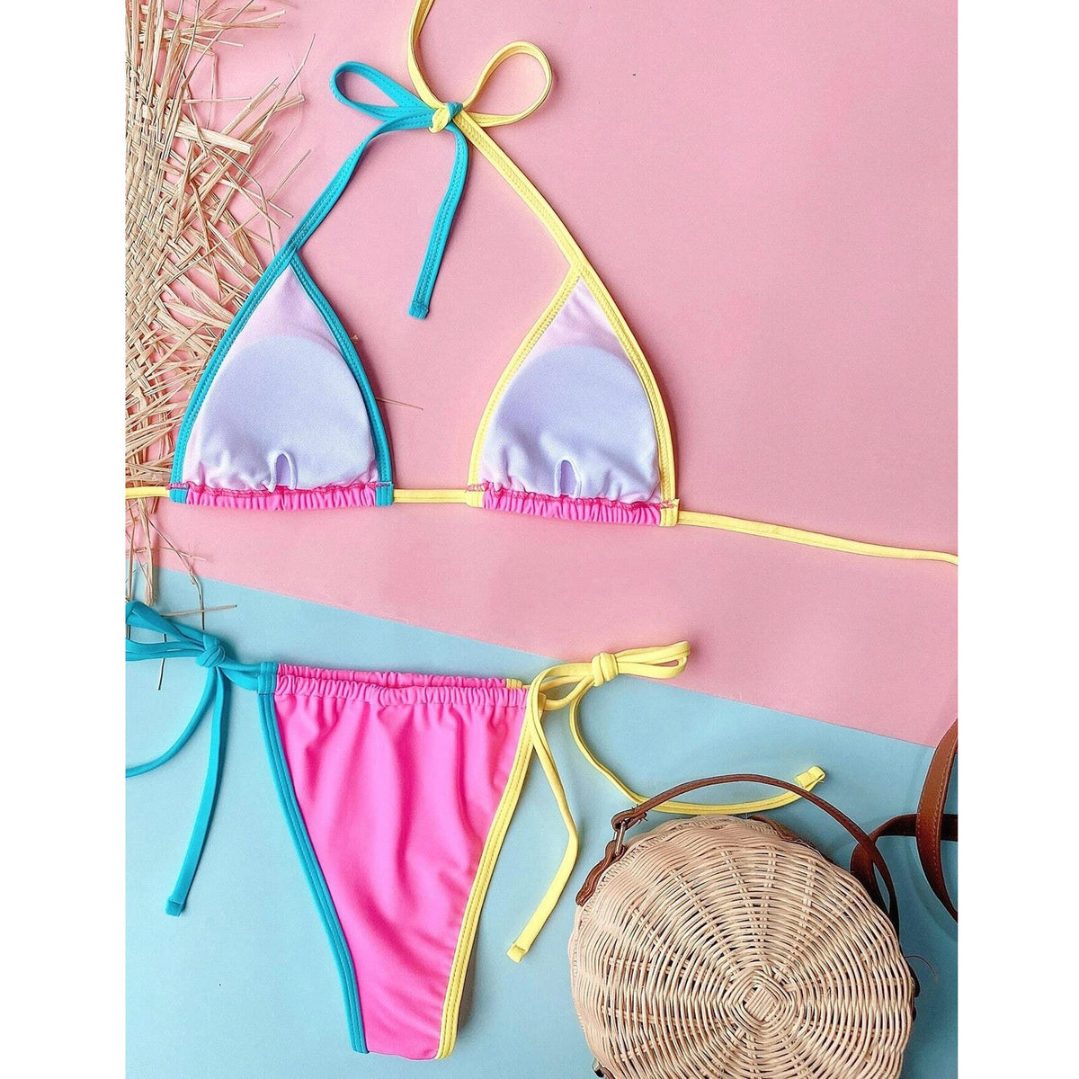 Push Up Swimwear Women Patchwork Halter Swimsuit Swimming Bathing Suit Bandage Bikinis Set