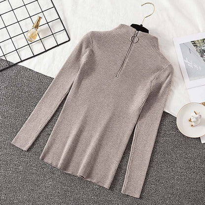 Zipper Turtleneck Knitted Sweater Casual Ribbed Knit Sweaters Pullovers Knitwear