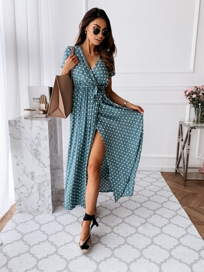 2020 New Casual Women Long Maxi Dress High Waist Female Loose Summer Split Holiday Dress Dot Print V Neck New Chic Beach Dresses