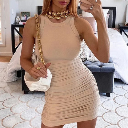 WJFZQM Sexy Sleeveless Summer Dress Women Sundress 2021 Ruched Short Party Mini Bodycon Dress Club White Black Dress for Women