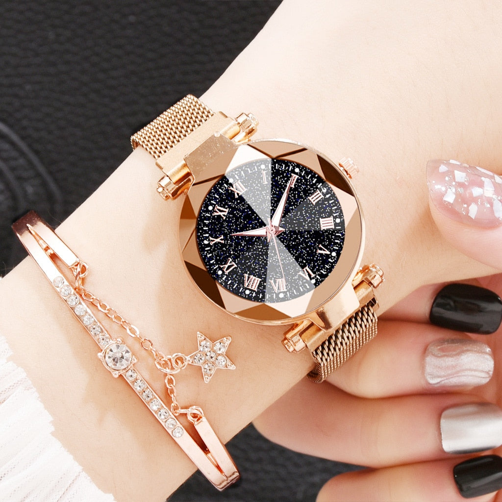 Rose Gold Starry Sky Fashion Women's Quartz Wristwatch Bracelet box Set