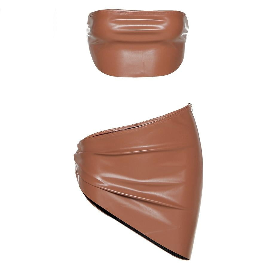 Faux Leather PU Cube+Skirt Matching Two Piece Set Women Sexy Crop Top Asymmetrical Mini Skirt Hot Club Party Wild Clothing