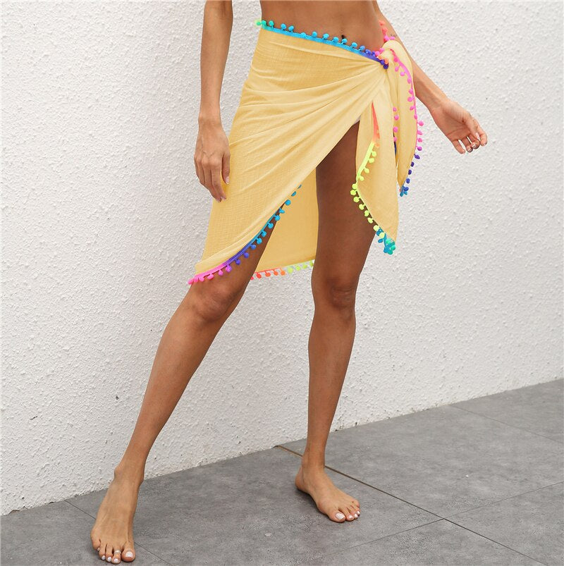 Women Colorful Tassel Chiffon Scarves Swimsuit Bikini Cover Up Sexy Skirt One Piece Irregular Scarf Female Sarong Beach Wear