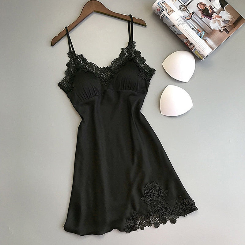 Silk Satin Night Dress Sleeveless Nighties V-neck Nightgown Nightdress Lace Sleepwear Nightwear