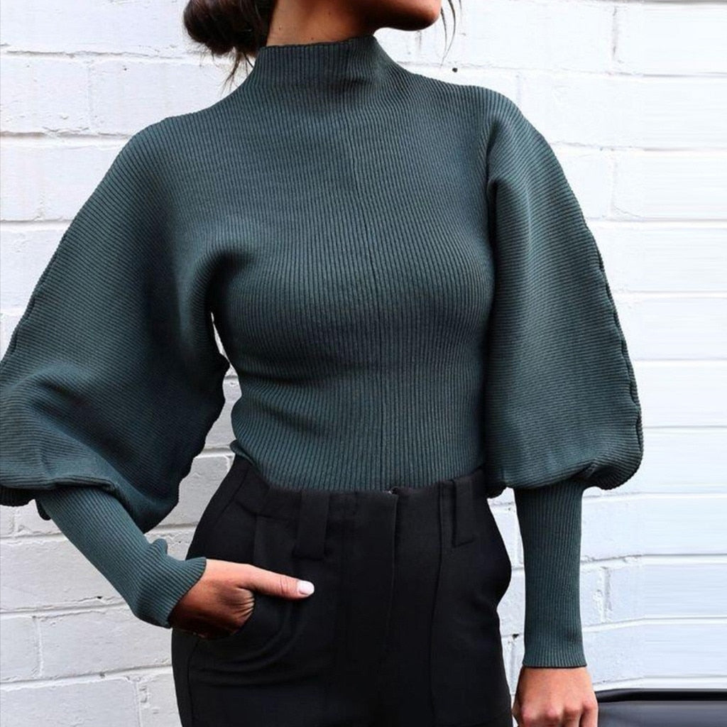 Knitting Pullovers Lantern Long Sleeve Solid Color Women Sweater