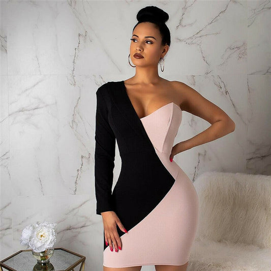 One Shoulder Party Patchwork Elegant Dress