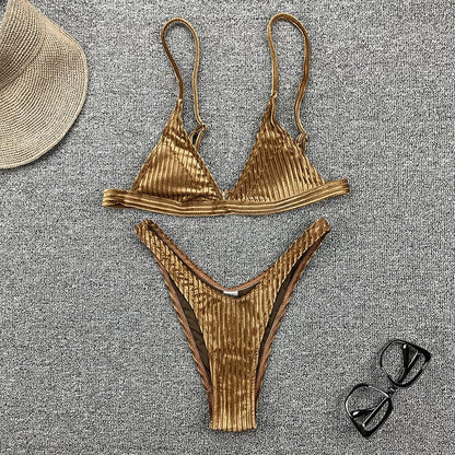 Sexy velvet ribbed swimsuit women Triangle micro bikini set High cut swimming Bathing suit Beachwear