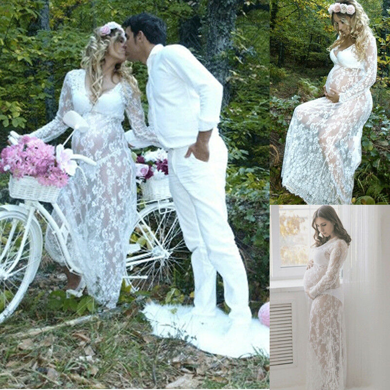 New Pregnant Women Long Sleeve Lace Long Maxi Dress Maternity Photography Props