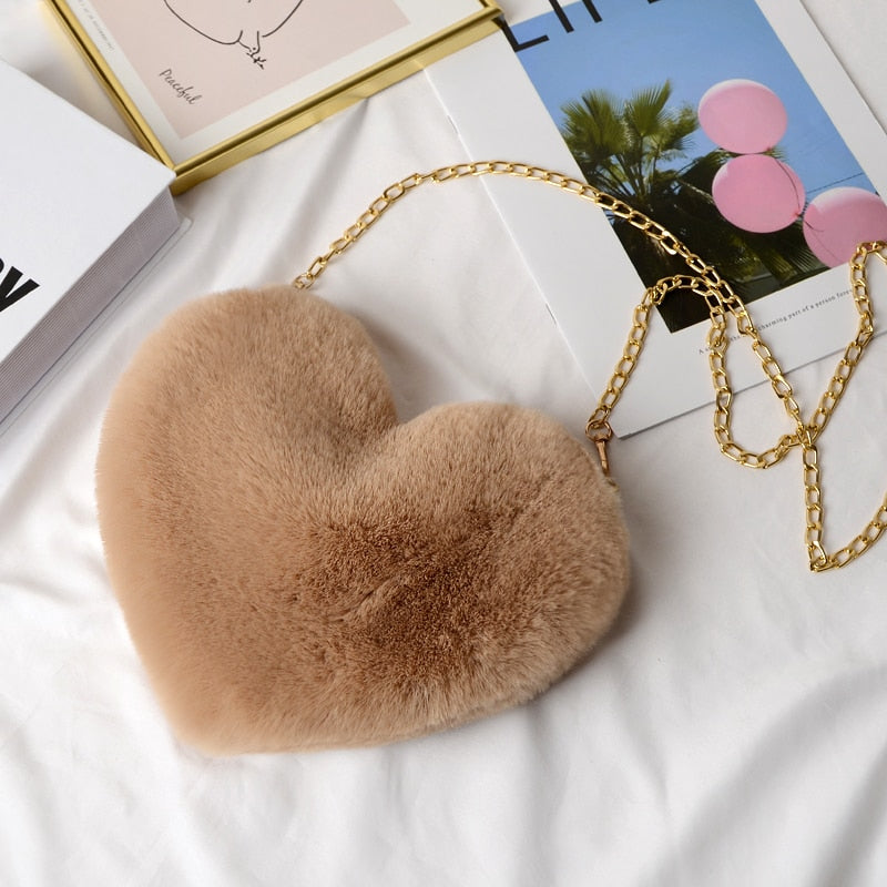 Faux plush heart-shaped shoulder bag